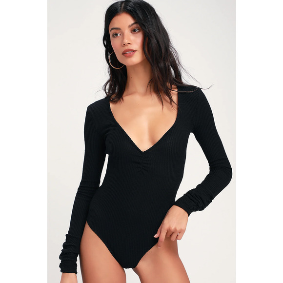 Free People Tops - Free People Cozy Up With Me Black Ribbed Long Sleeve Bodysuit